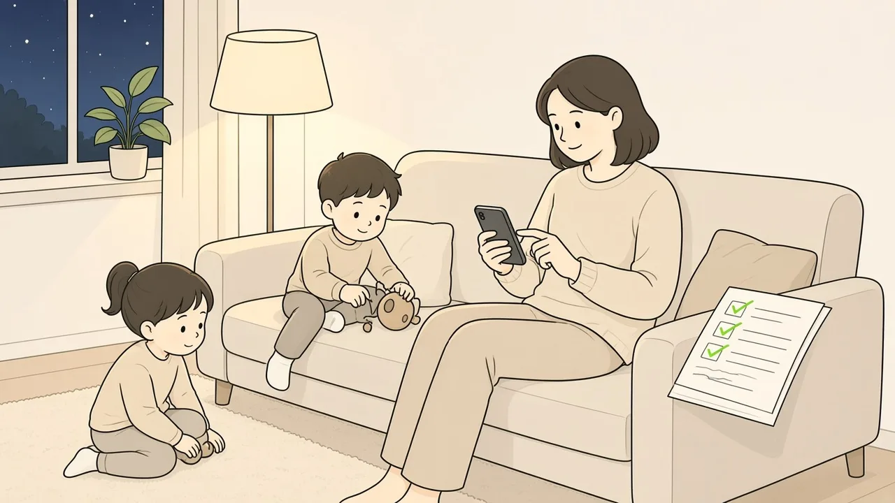 Parent sur le canapé qui remplit le formulaire sur son téléphone, prénoms et âges des enfants.