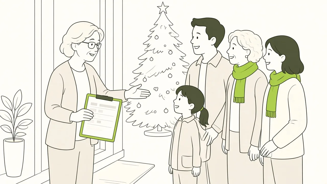 À l’entrée de la fête de Noël, un élu CSE accueille une famille avec la feuille d’émargement.