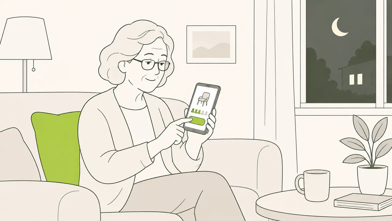 Le soir, dans son salon, une femme âgée s’inscrit sur son téléphone en un geste ; l’écran montre les places encore libres.