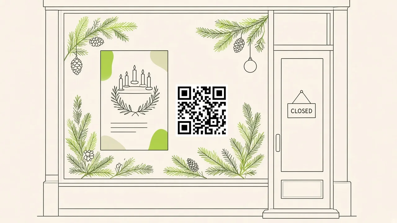 Vitrine de fleuriste en novembre : affichette atelier couronne de l’Avent et QR code de réservation.