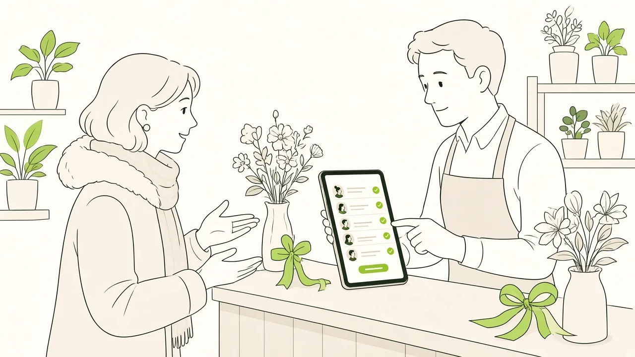 Cliente en boutique réservée à l’atelier ; la fleuriste l’ajoute à la main sur la liste des inscrits.