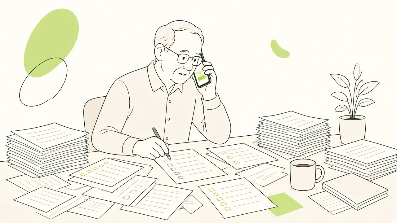 Animatrice de RPE au bureau, téléphone à l’oreille, listes papier et planning éparpillés, qui recompte les places à la main.