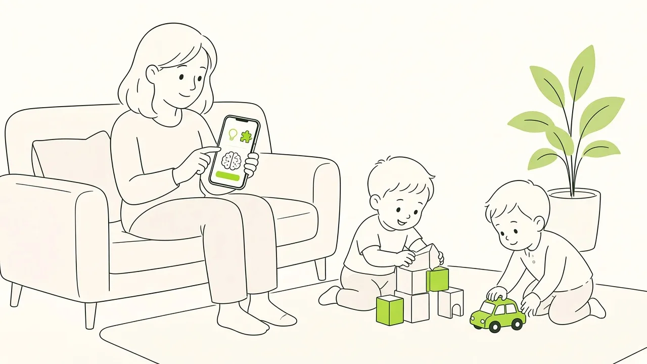 Assistante maternelle sur un canapé, téléphone à la main, qui réserve un atelier d’éveil pendant que deux enfants jouent à ses pieds.