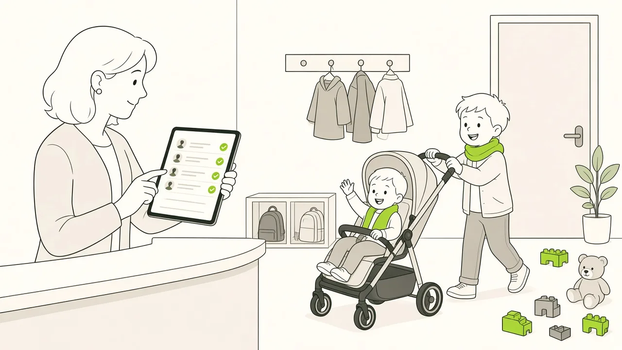 À l’accueil d’un atelier d’éveil, l’animatrice coche les présents sur sa tablette pendant qu’une assistante maternelle arrive avec une poussette.