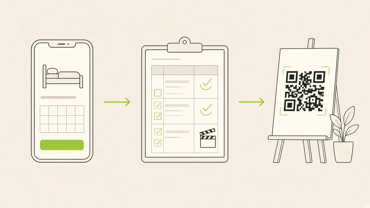 Trois chemins dessinés : une application de séjour, un planning d’équipe d’animation, et un simple QR code d’inscription.