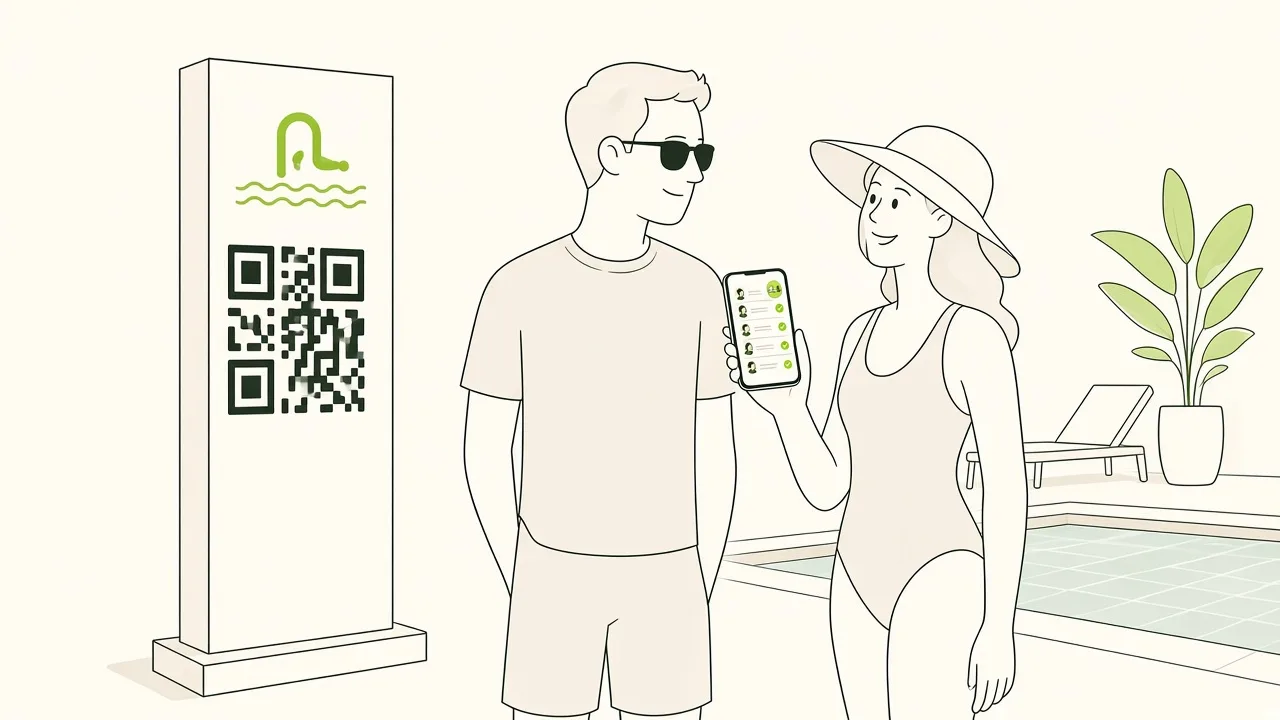 Vacanciers devant un totem QR au bord de la piscine ; le planning d’aquagym s’affiche sur leurs téléphones.