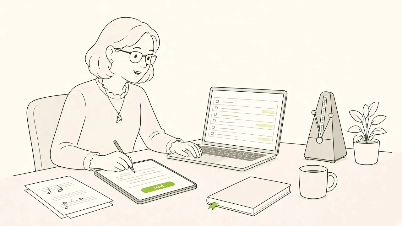 Professeure de chant à son bureau, boîte mail ouverte et carnet de places, qui répond encore à une demande d’inscription.