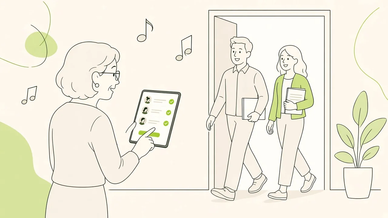 Avant le cours, la cheffe de chœur accueille les choristes à l’entrée de la salle et coche les présents sur sa tablette.