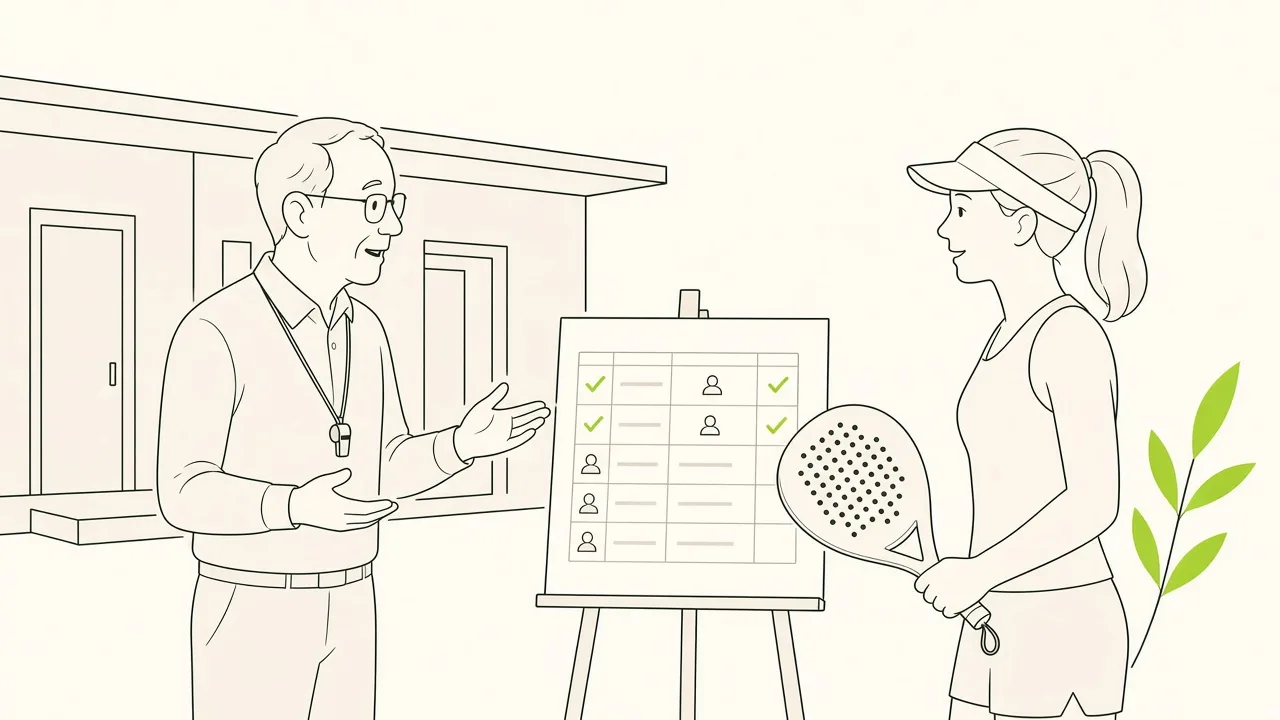 Coach devant le club-house, tableau papier d’inscriptions à moitié rempli, qui discute avec un joueur de padel.