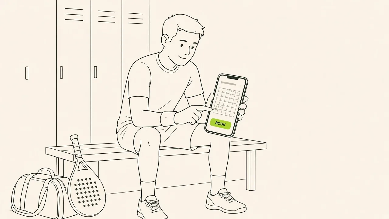 Joueur de padel dans les vestiaires qui réserve sa séance de prépa physique sur son téléphone.
