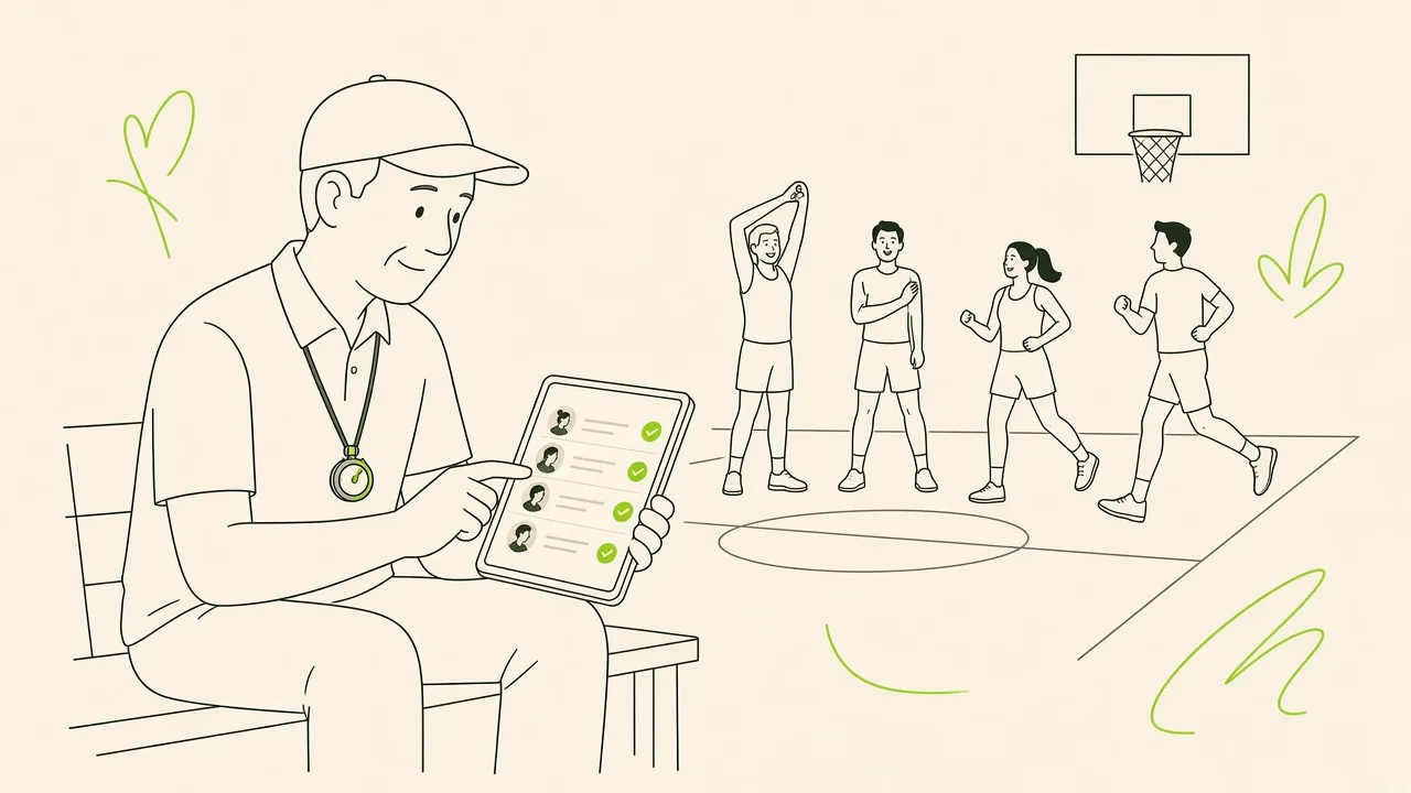 Sur le terrain avant la séance, le coach coche les présents sur sa tablette pendant que le groupe s’échauffe.