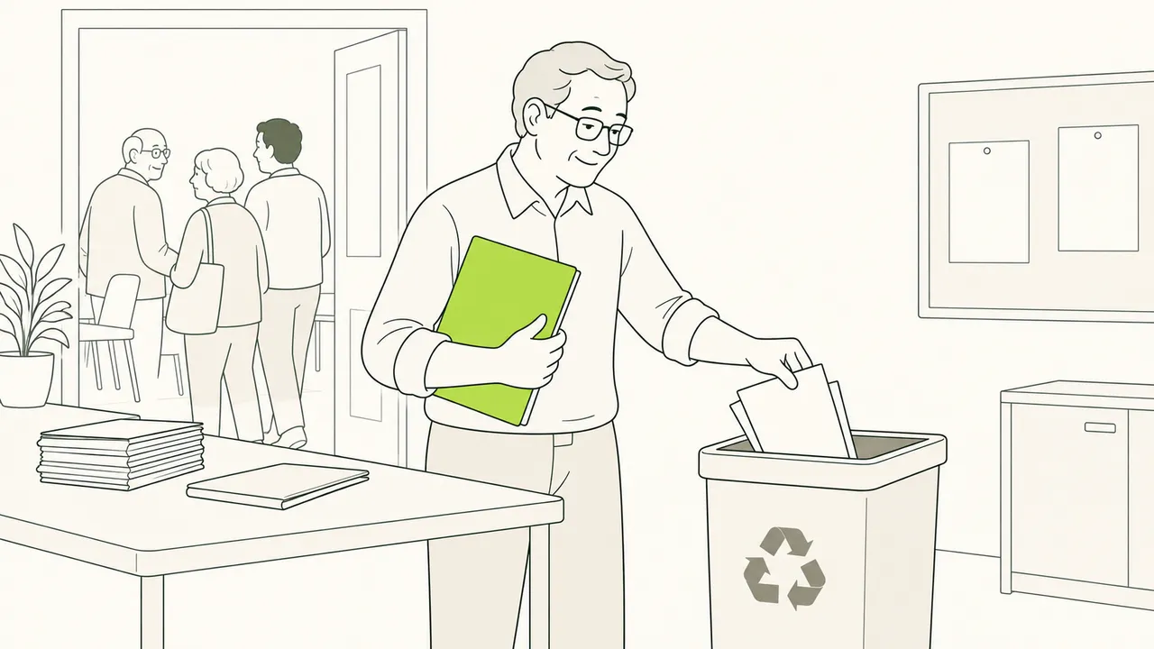 Après l’activité, un organisateur jette au recyclage les feuilles dont il n’a plus besoin, le classeur sous le bras.