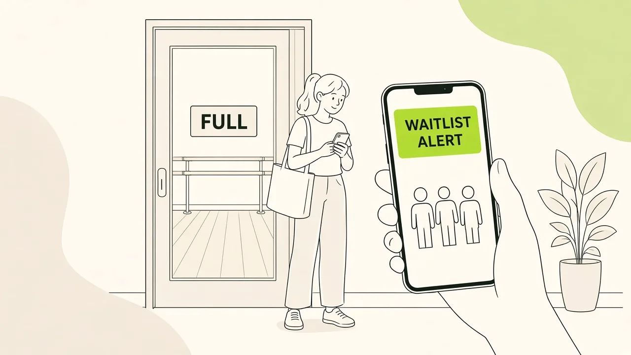 Salle affichée complète à l’entrée, une personne consulte son téléphone pour la liste d’attente.