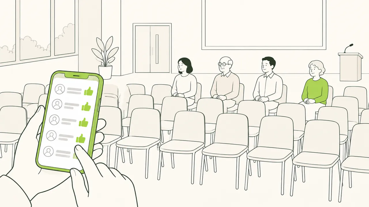 Au premier plan, un téléphone couvert de pouces levés ; dans la salle derrière, quatre personnes seulement sont assises parmi les chaises vides.