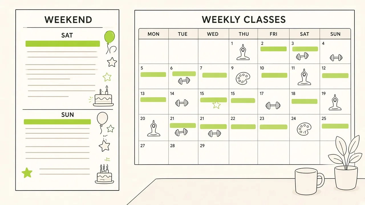 À gauche un week-end festif avec un programme jour par jour ; à droite un calendrier de cours qui se répète chaque semaine.