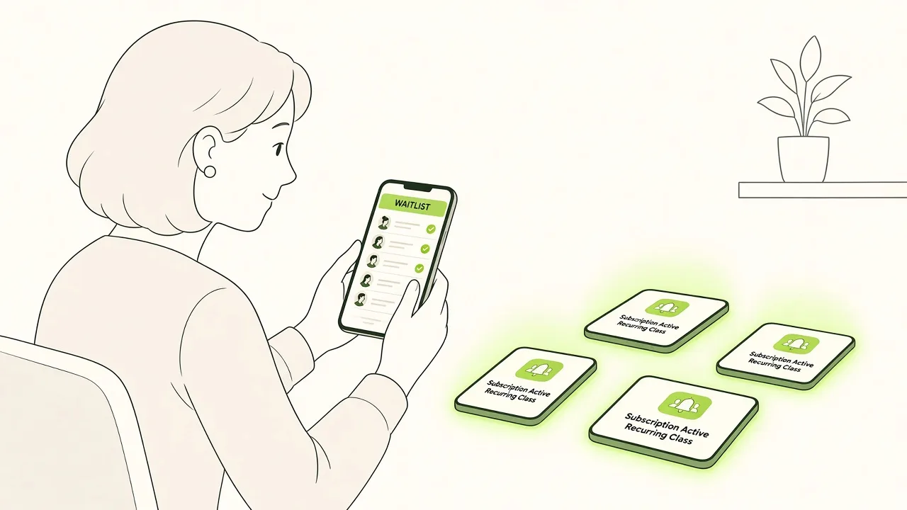 Une animatrice consulte sur son téléphone la liste d’attente d’un atelier récurrent ; des abonnés reçoivent une alerte lime.