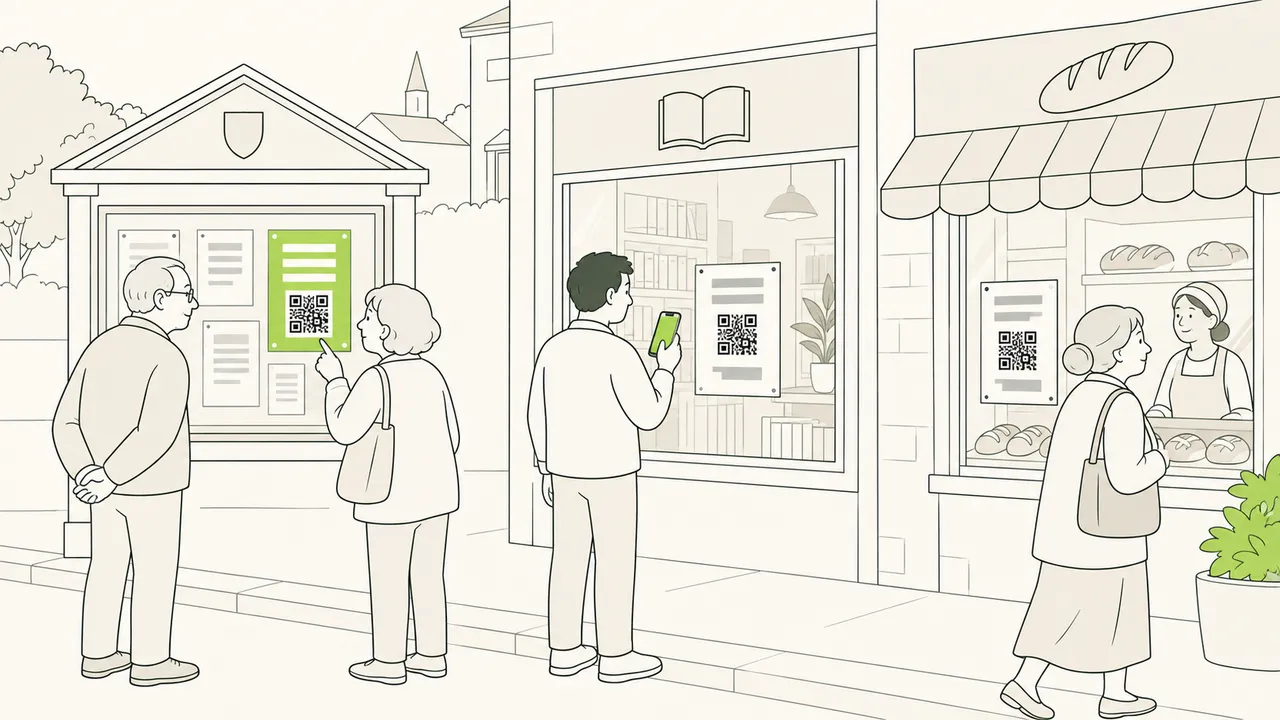 Dans une rue de village, des affiches avec un QR code sur le panneau d’affichage, dans la vitrine de la bibliothèque et dans celle de la boulangerie.