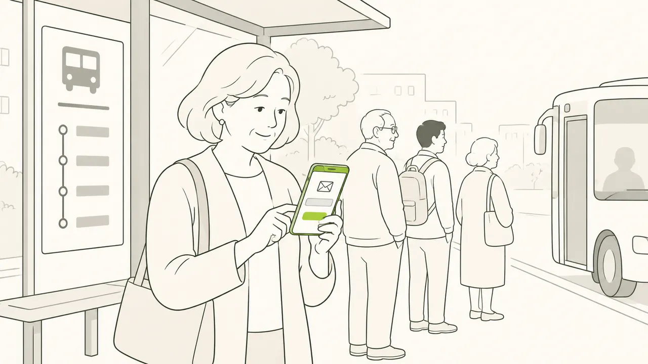 À un arrêt de bus, une femme saisit son adresse e-mail sur son téléphone pour suivre les activités d’un organisateur.