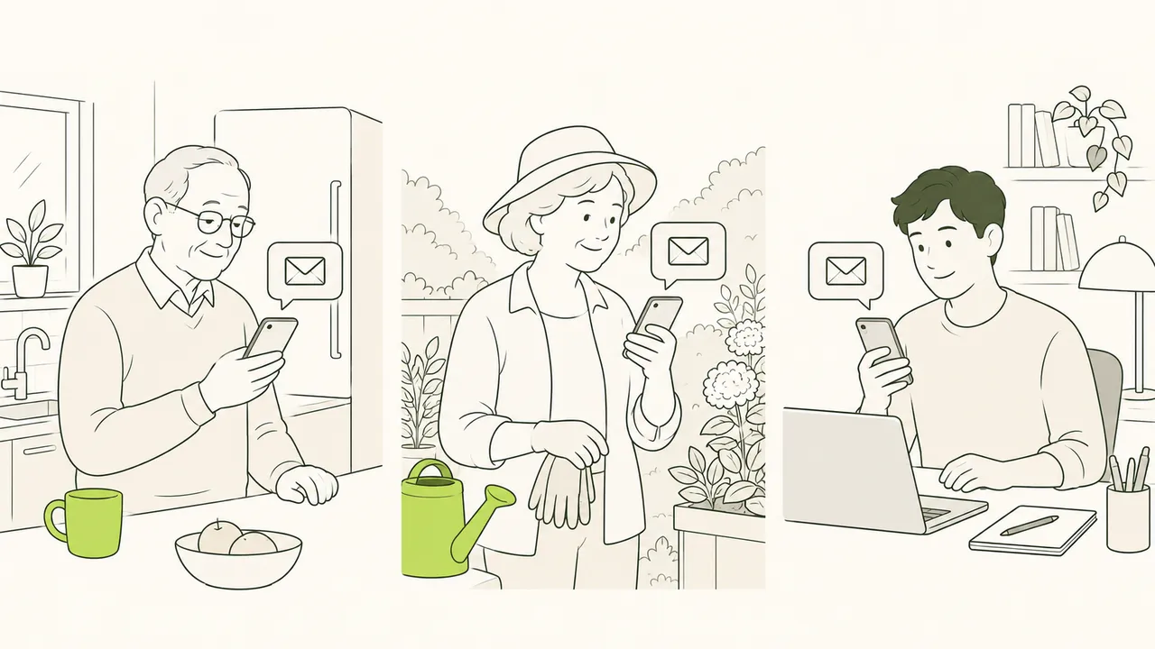 Trois scènes côte à côte : dans sa cuisine, son jardin ou à son bureau, chacun reçoit sur son téléphone l’annonce d’une nouvelle date.