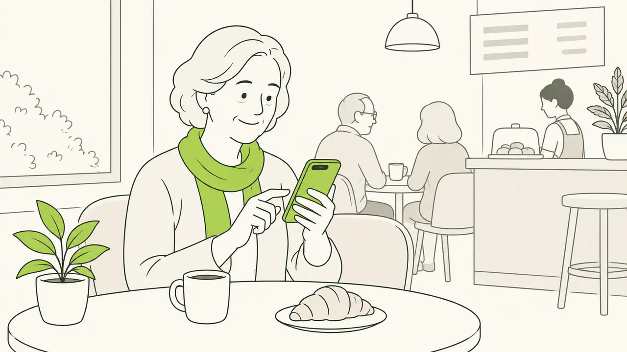 Le lendemain d’une activité, une participante attablée dans un café choisit sur son téléphone de suivre l’organisateur.