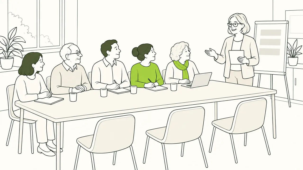 Autour d’une grande table, cinq participants écoutent l’animatrice ; trois chaises restent libres de l’autre côté.