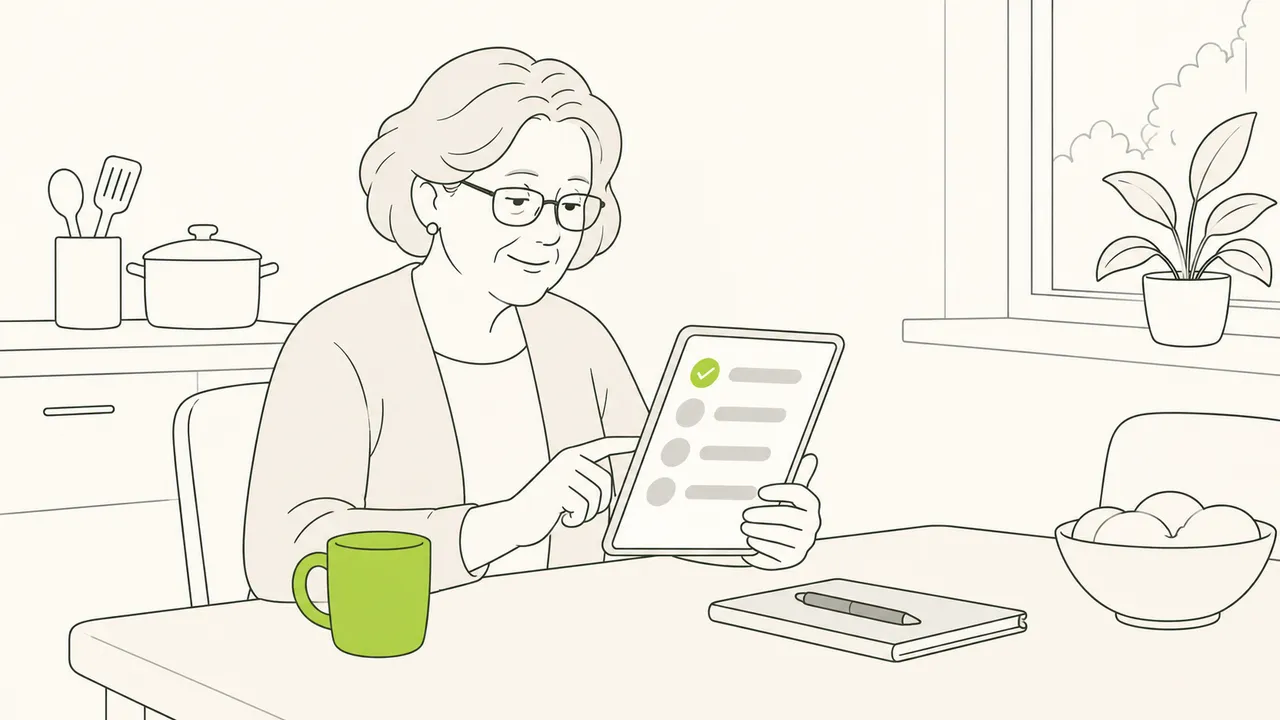 Dans sa cuisine, une organisatrice consulte sur sa tablette la liste des inscrits, une tasse posée à côté d’elle.