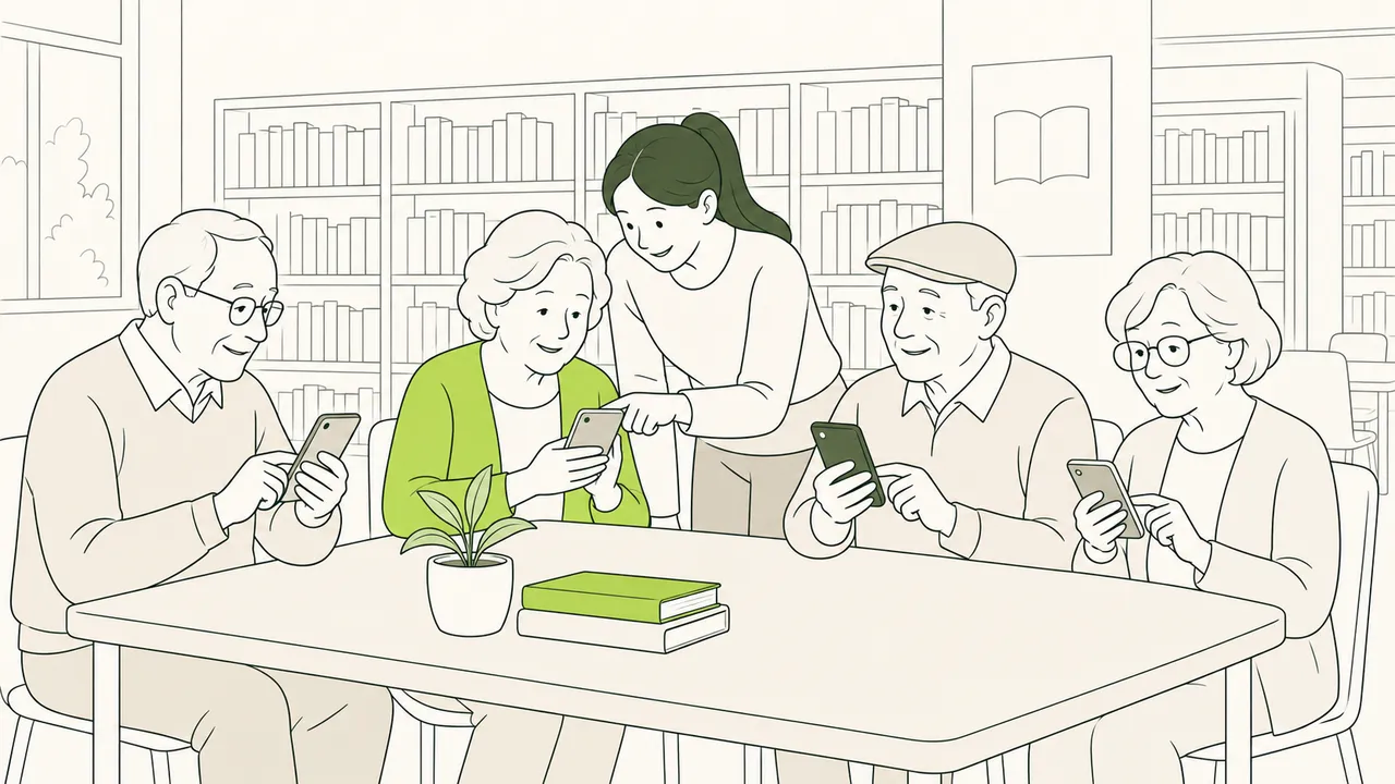 À la médiathèque, quatre personnes âgées prennent en main leur smartphone, aidées par une jeune animatrice.