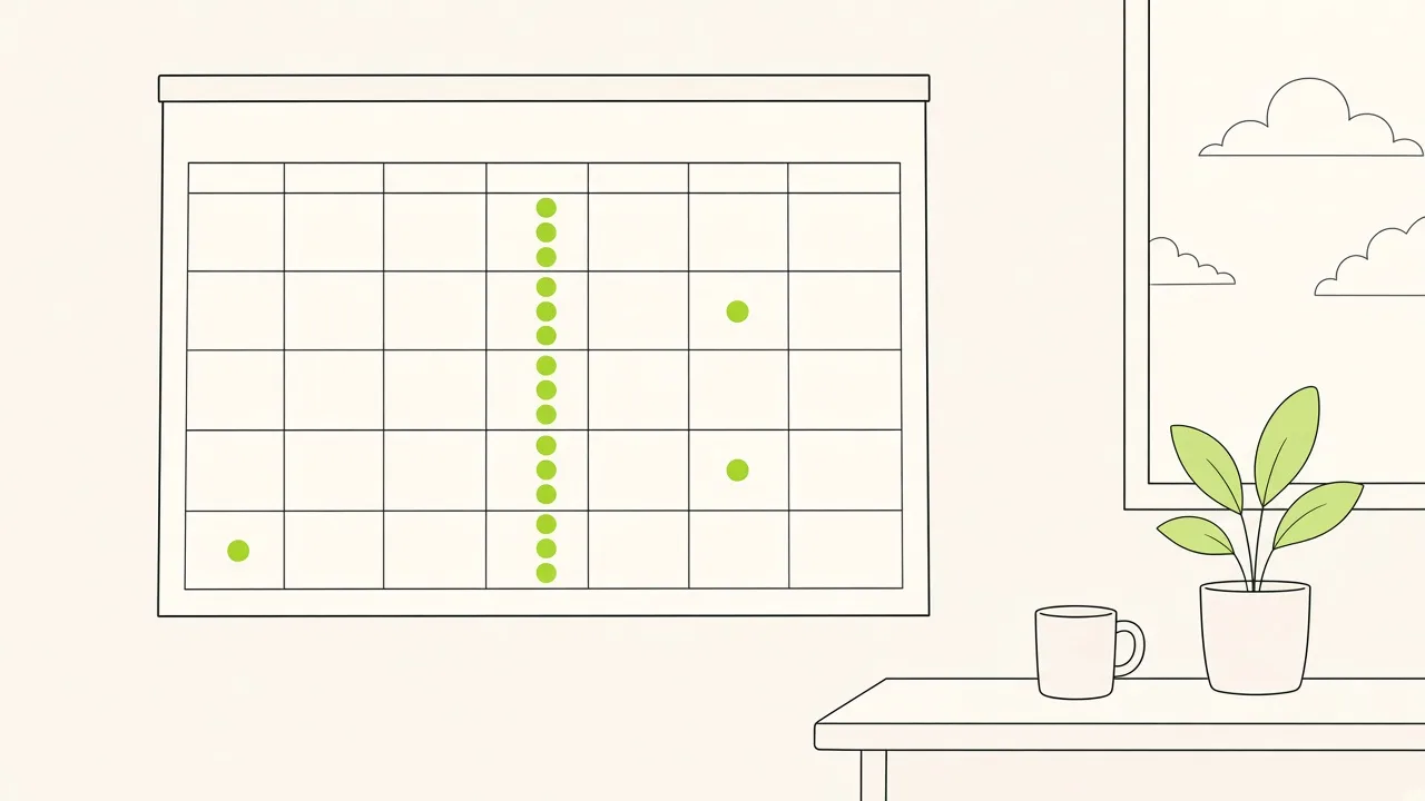 Sur un calendrier mural, trois pastilles marquées « événement » contrastent avec une série de mardis d’un cours hebdomadaire.