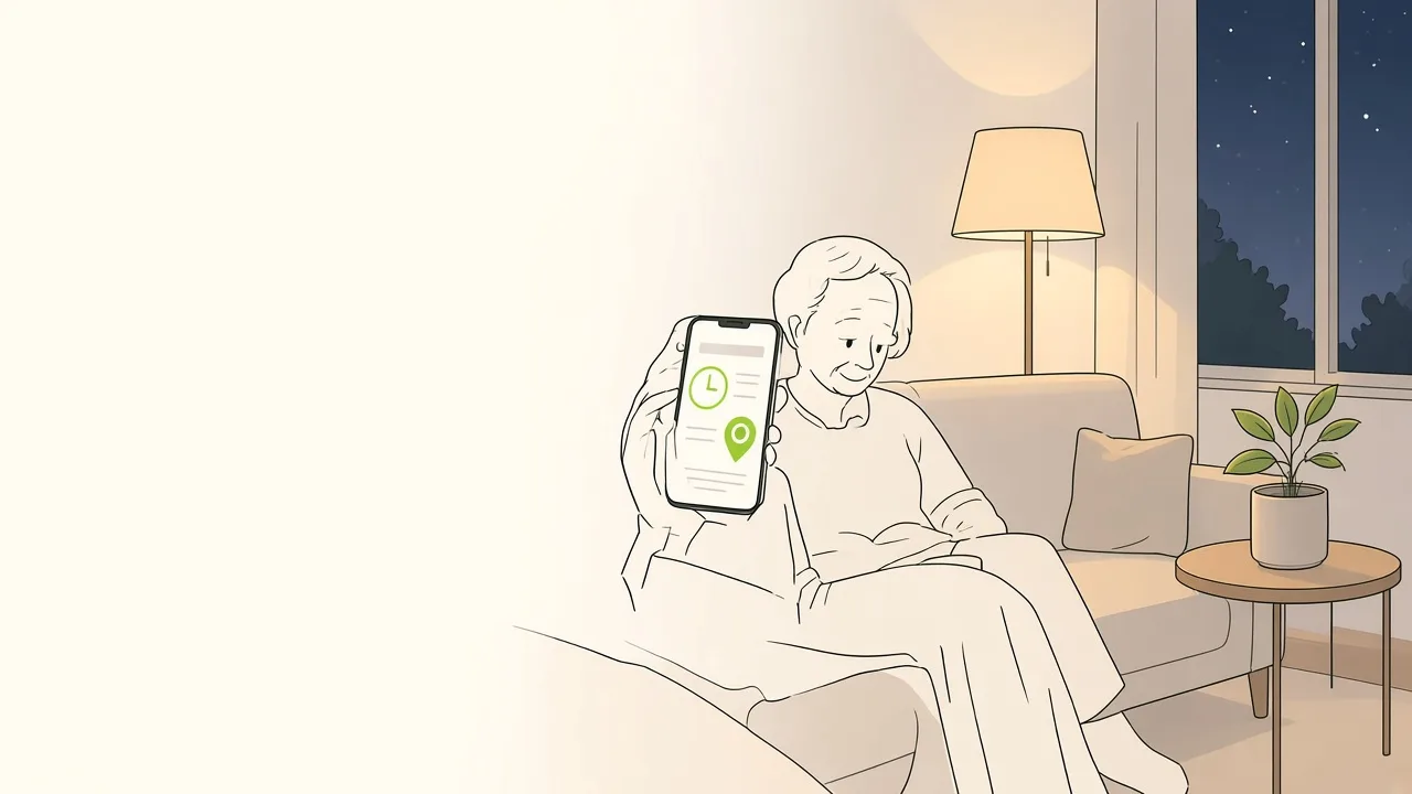 Une personne consulte sur son téléphone un rappel de séance reçu le soir, avec le lieu et l’heure bien visibles.