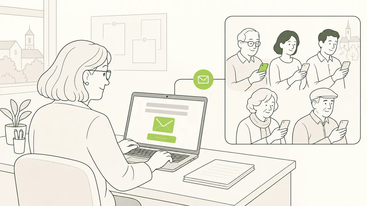 Depuis son ordinateur, une employée de mairie envoie un message d’information que des habitants reçoivent sur leur téléphone.