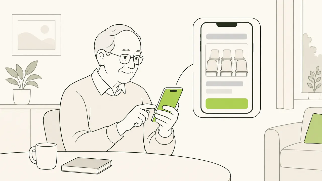 Chez lui, un homme âgé ouvre sur son téléphone la page d’une activité, avec les places et le bouton d’inscription.