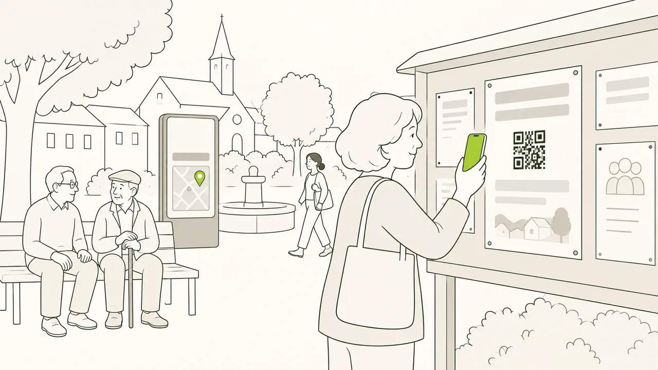 Sur la place du village, une femme scanne avec son téléphone le code affiché sur le panneau d’informations ; deux hommes discutent sur un banc.
