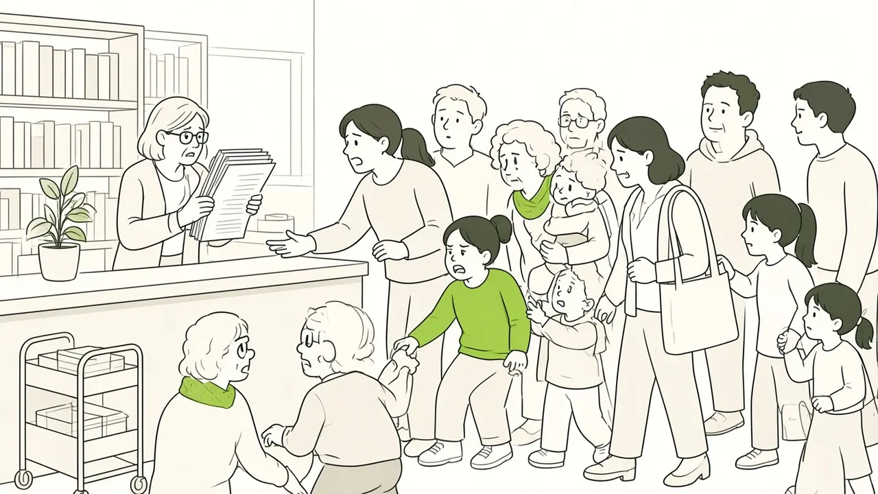 Banque de prêt bondée : bibliothécaire avec feuilles d’inscription, parents et enfants qui attendent.