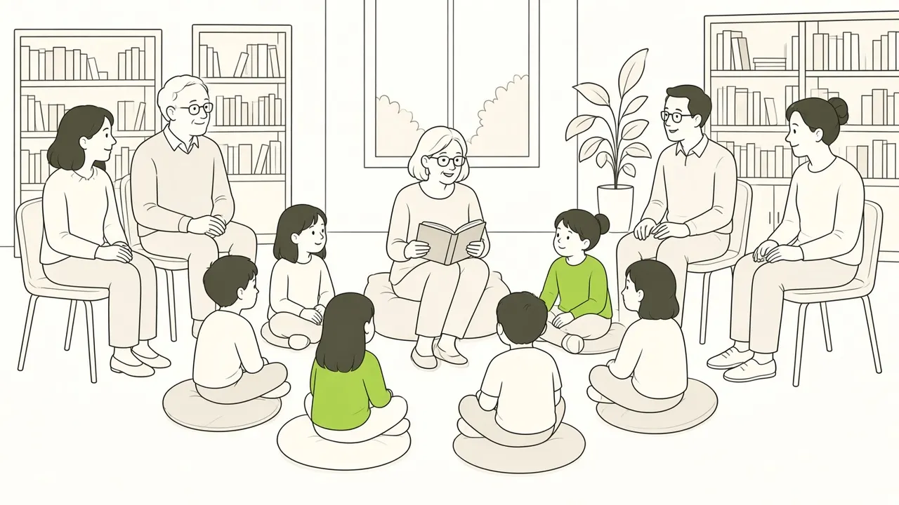 Heure du conte : bibliothécaire lit à un petit groupe d’enfants assis sur des coussins.