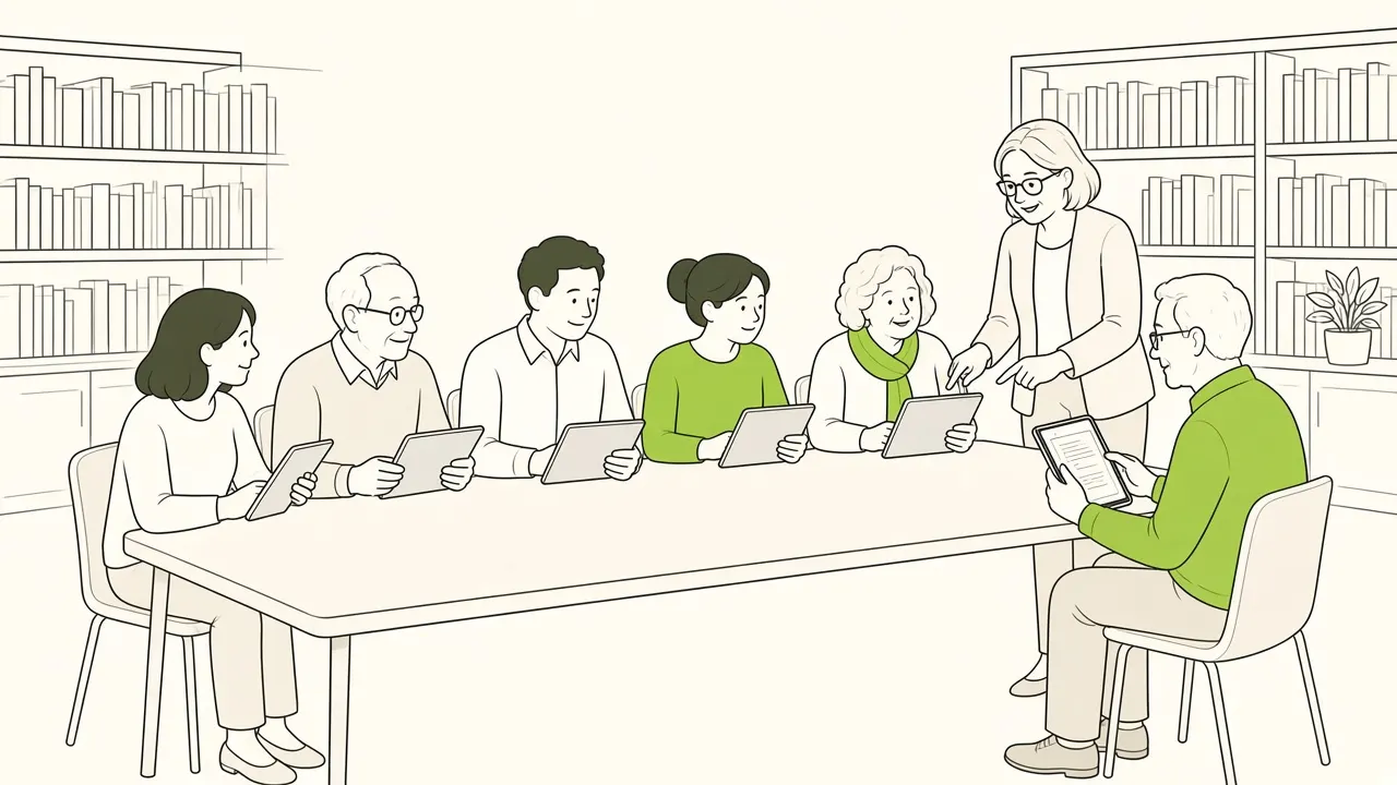 Atelier numérique en médiathèque : adultes aidés sur tablettes autour d’une table.