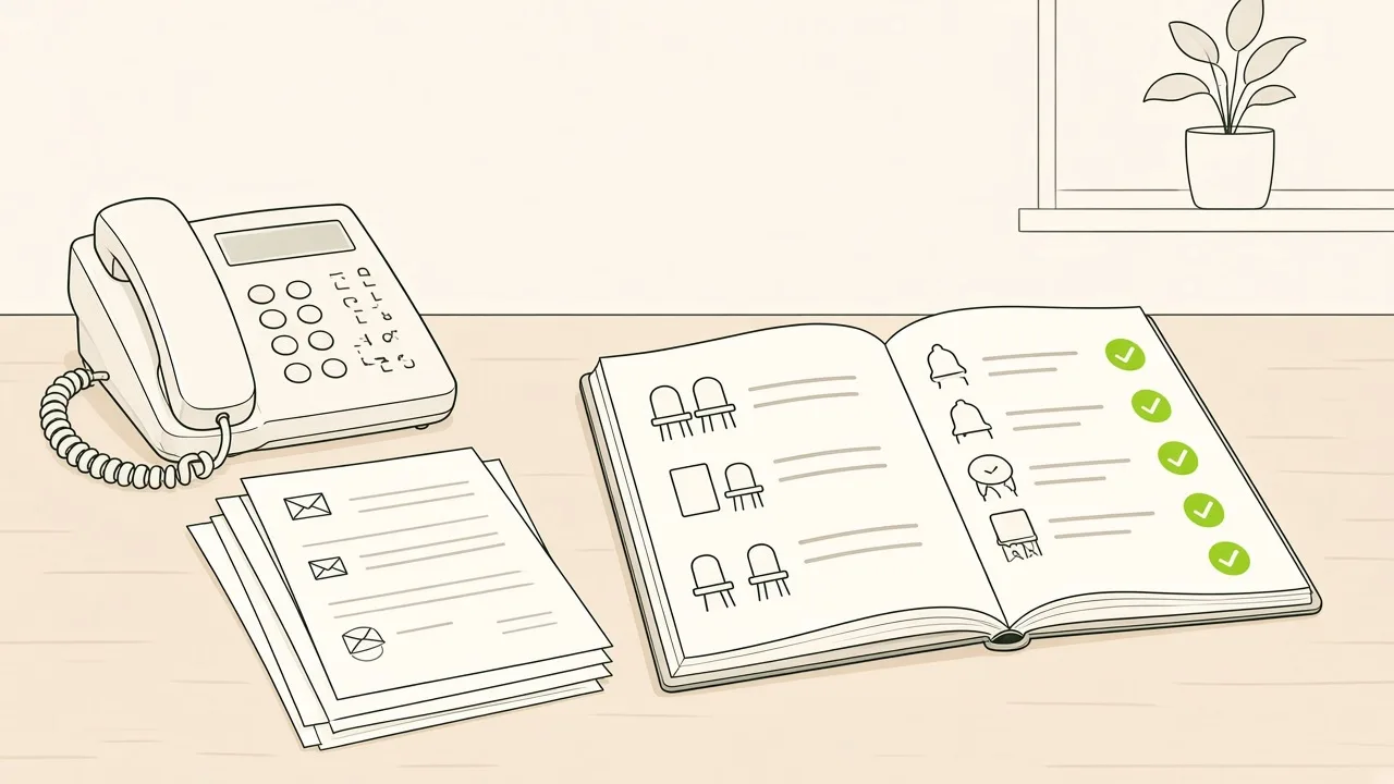 Bureau d’une référente familles : téléphone, pile de mails imprimés et carnet de places à cocher.
