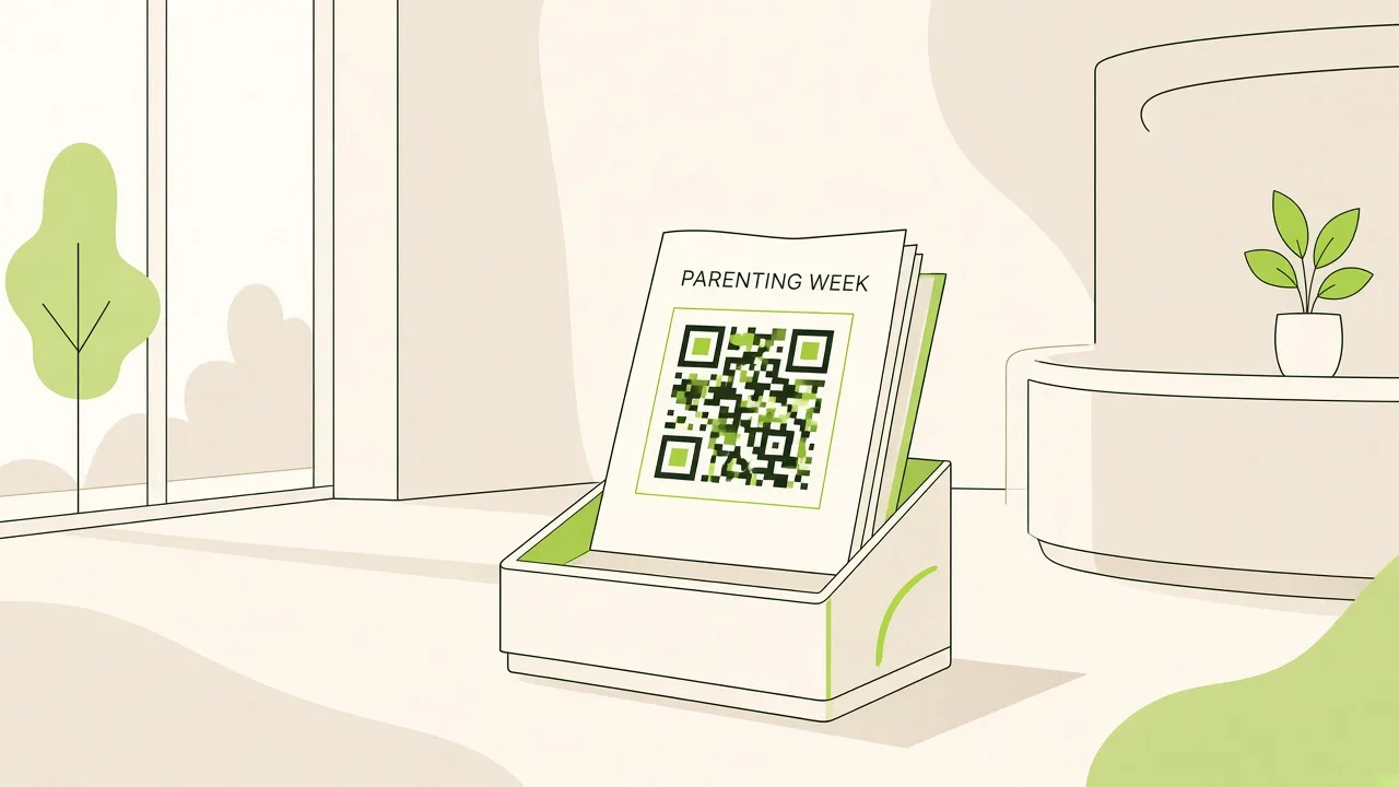 Plaquette Semaine de la parentalité avec un QR code, posée sur un présentoir en mairie.