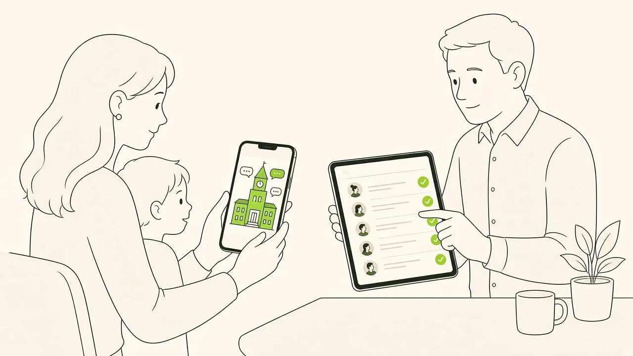Parent au téléphone avec la mairie pendant qu’une agente l’inscrit sur la liste de l’atelier.