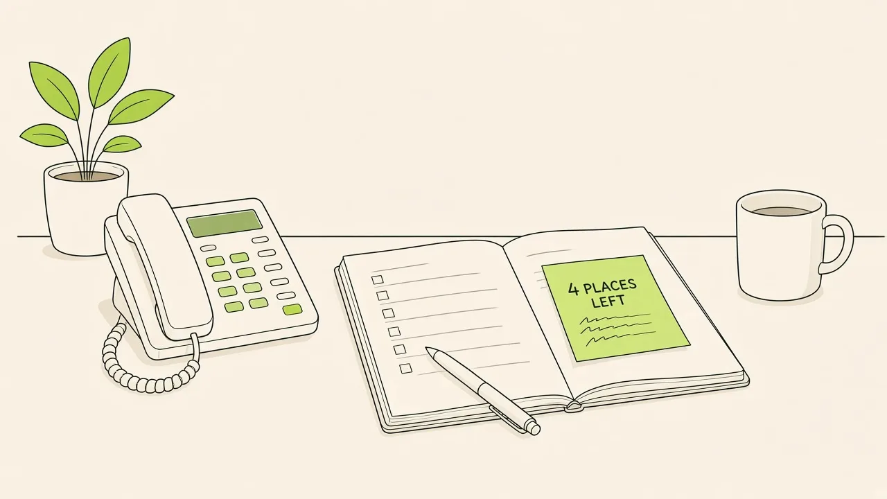 Secrétariat d’organisme de formation : téléphone, carnet de réservations et post-it « reste-t-il de la place ? ».