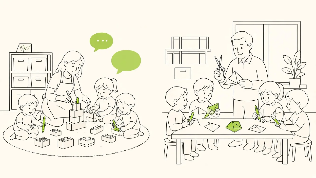 Deux groupes d’enfants séparés par âge dans un local mini-club, animateurs qui organisent les ateliers.