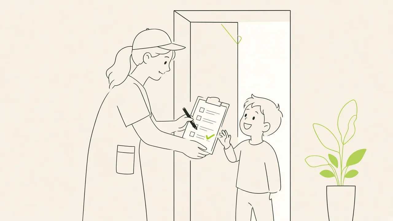 Animatrice à la sortie du mini-club qui remet un enfant à son parent en cochant la liste d’appel.