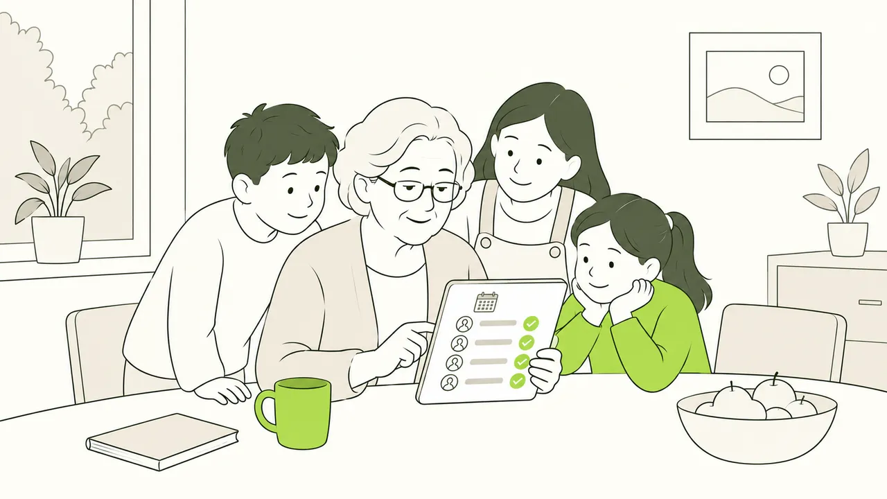 À la table de la salle à manger, une grand-mère inscrit ses trois petits-enfants et elle-même sur une tablette.