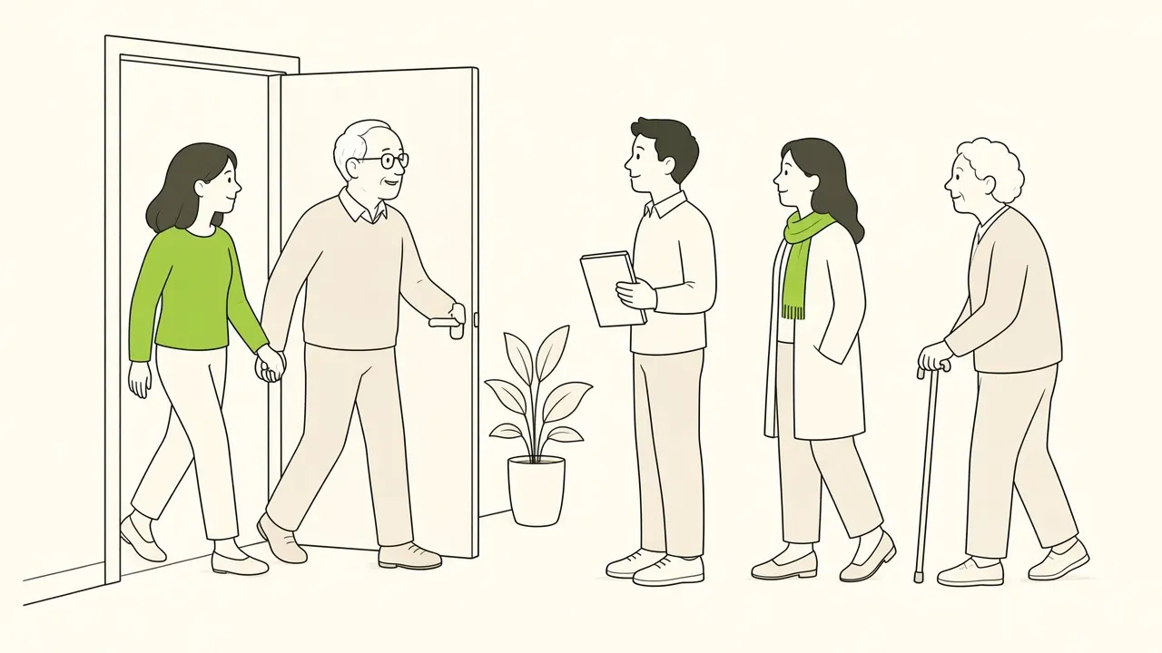 File d’attente ordonnée devant la salle : la première personne entre quand une place se libère.