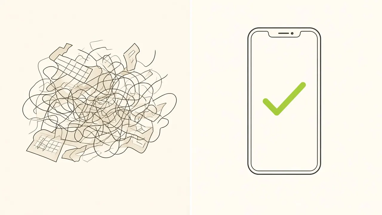 À gauche le chaos papier et tableur, à droite une réservation claire sur téléphone.