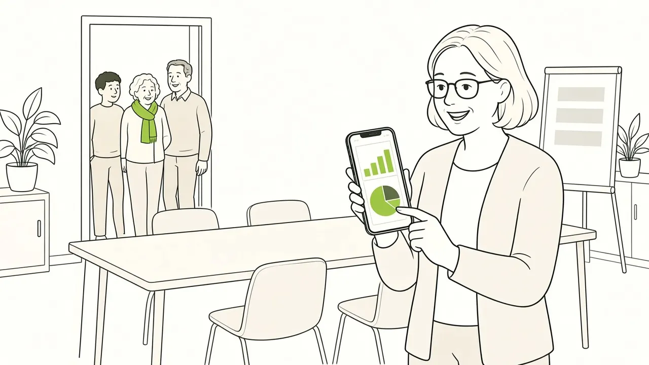 Organisateur souriant qui consulte les réservations confirmées sur son téléphone.