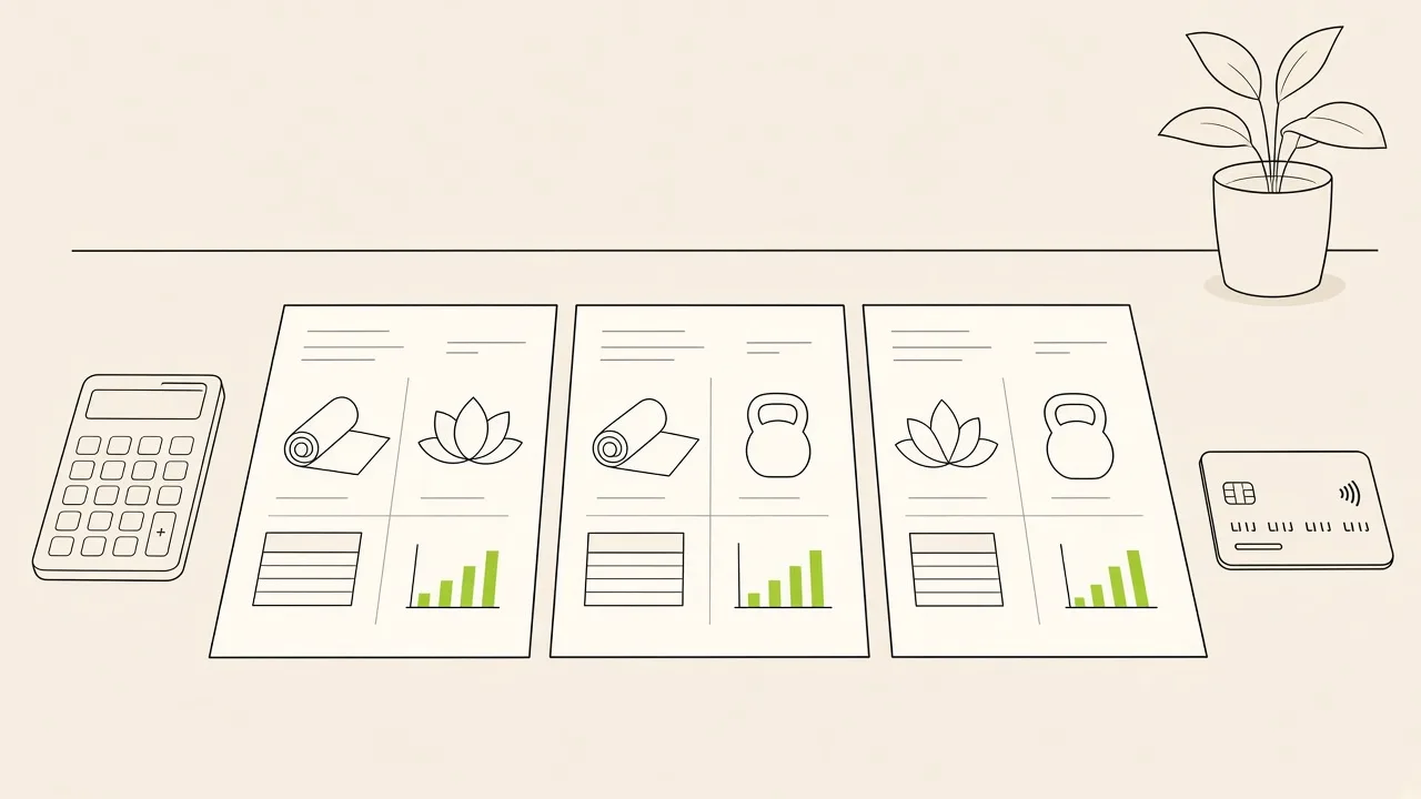Sur un bureau, trois fiches d’outils de studio yoga ; une calculatrice et une carte bancaire restent à côté.