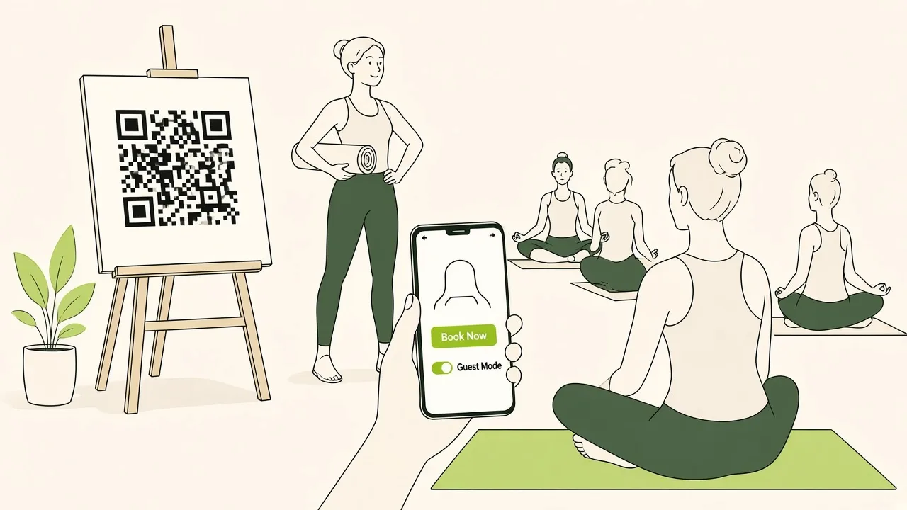 Devant un cours de yoga, un QR code sur un chevalet ; une élève réserve depuis son téléphone sans créer de compte.