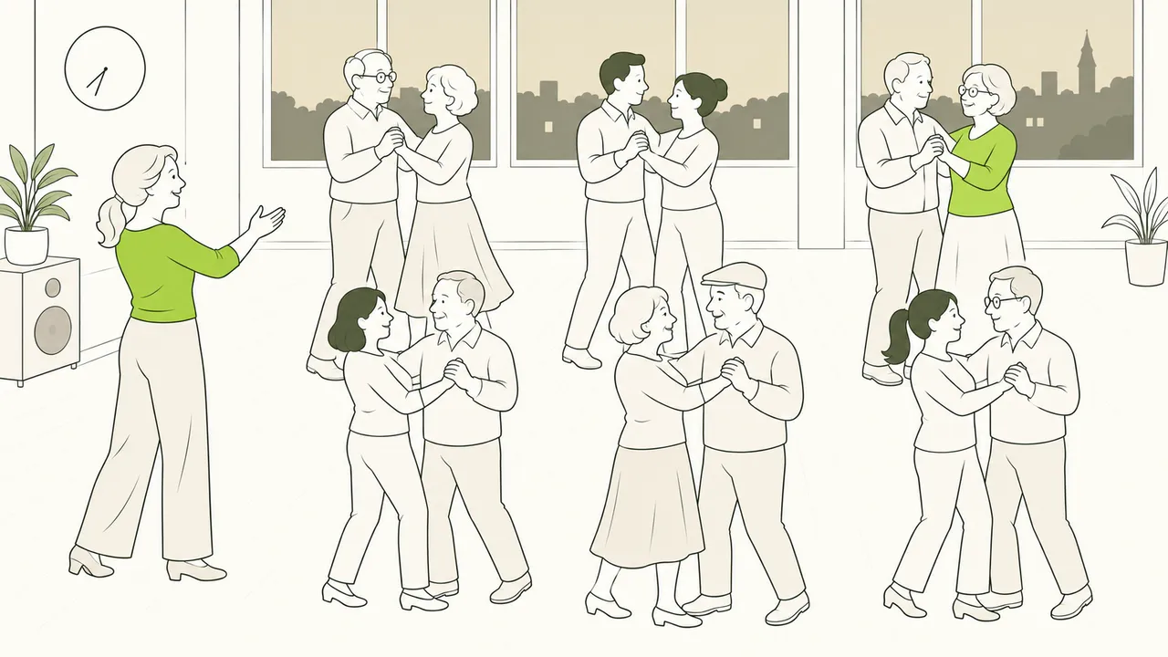 Un cours de danse en soirée : des couples de tous âges dansent devant la professeure, la ville éclairée derrière les fenêtres.