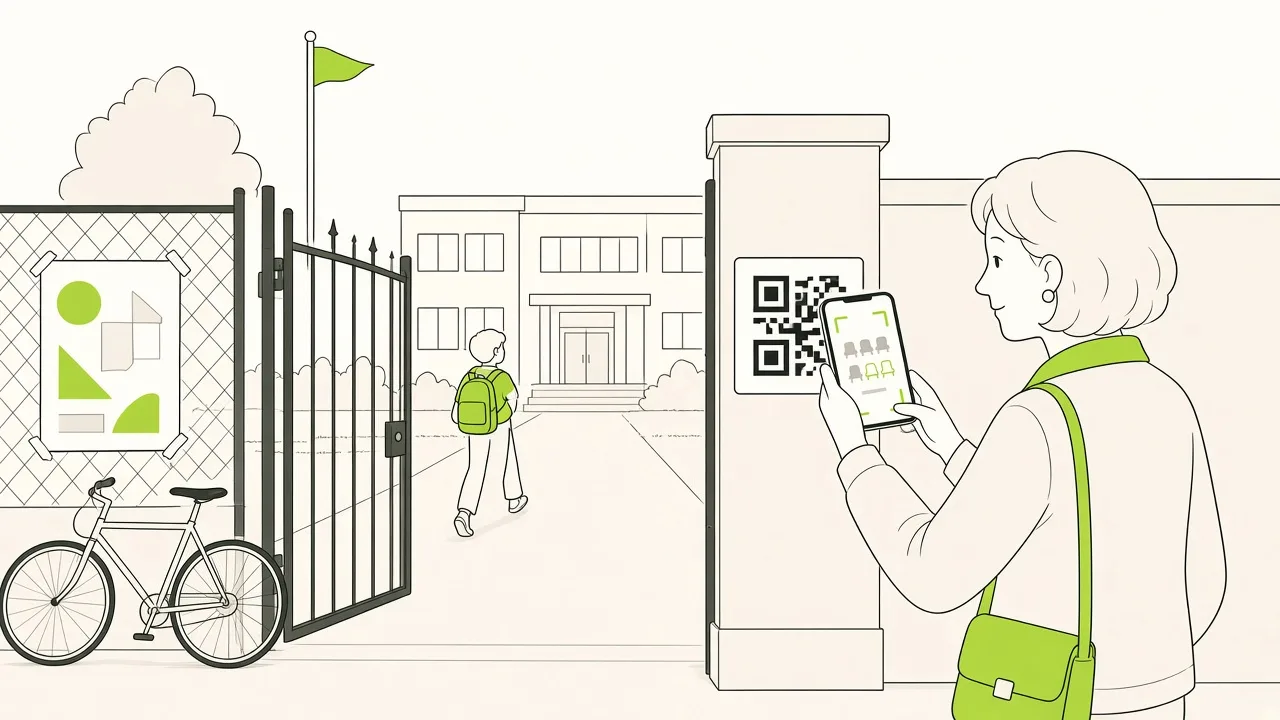 Devant une école, une affiche « Café des parents » et un parent qui scanne un QR code sur son téléphone.