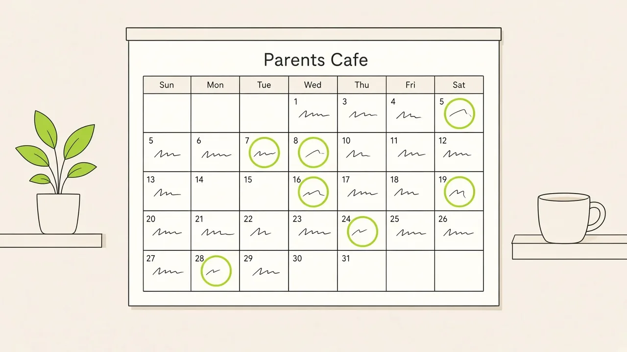 Calendrier scolaire avec plusieurs dates de café des parents cochées, une tasse de café à côté.